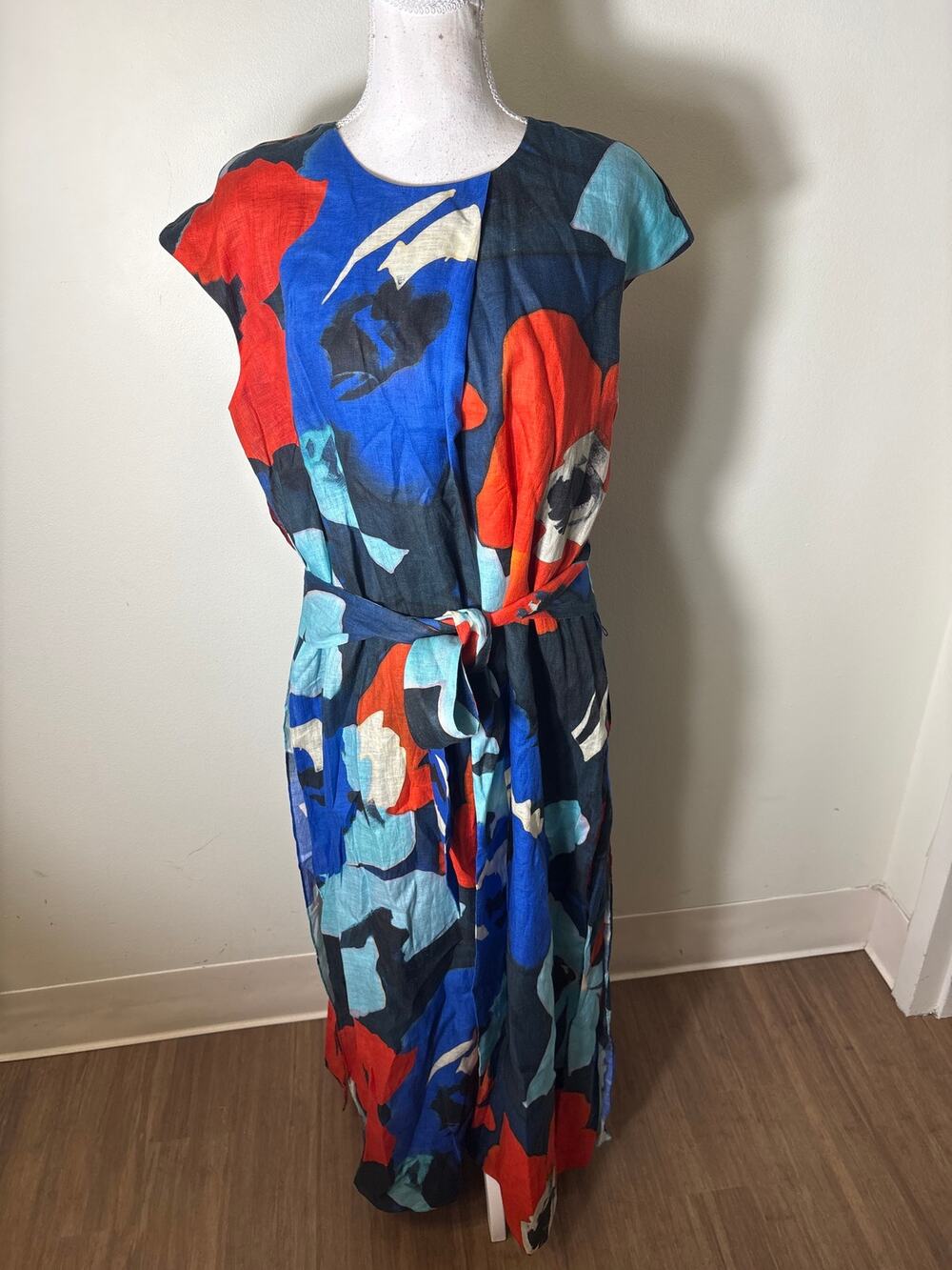 Ann Mashburn Blue Red Cap Sleeve Linen Maxi Dress Sz L